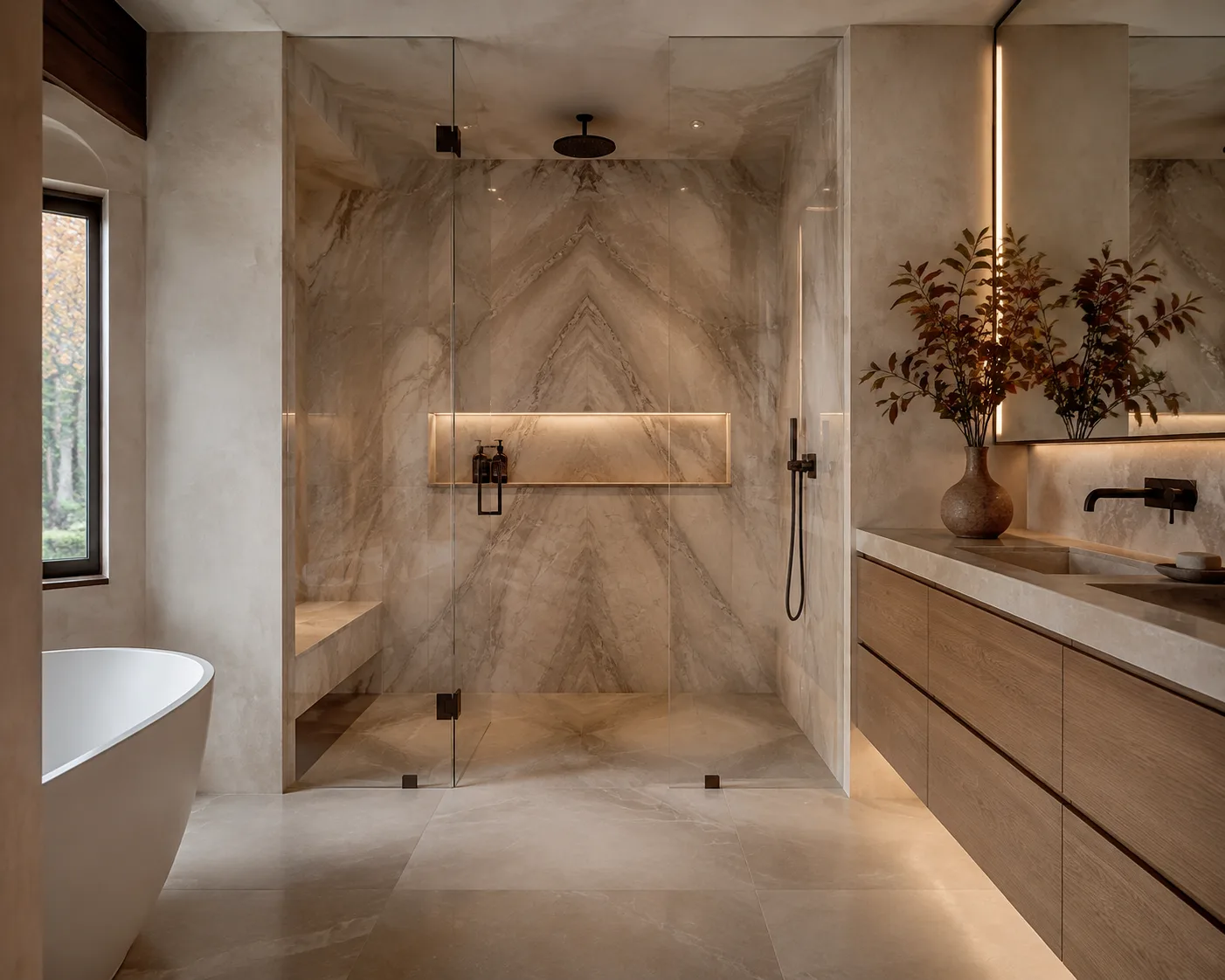 Spa-like bathroom with warm limestone, white oak and integrated lighting