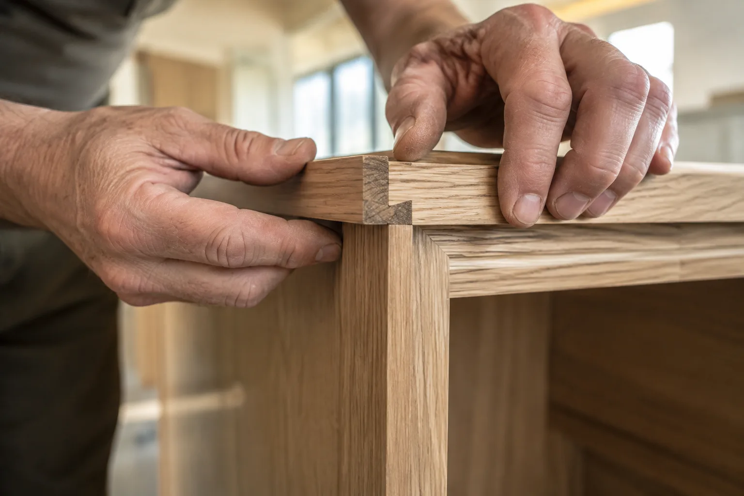 Hands aligning a precisely fitted white oak cabinet detail