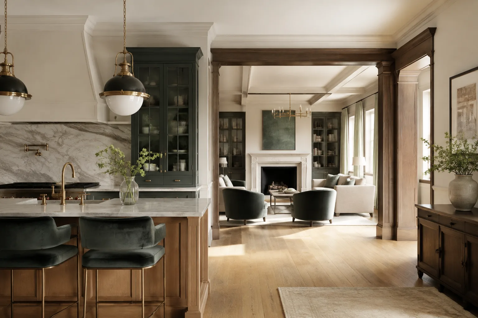 Connected kitchen and living space in a warm, layered palette
